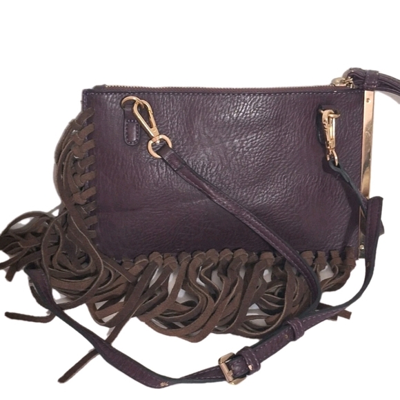 Free People Foreverly Crossbody Handbag Purse Purple Brown Faux Suede Fringe EUC - Picture 4 of 11